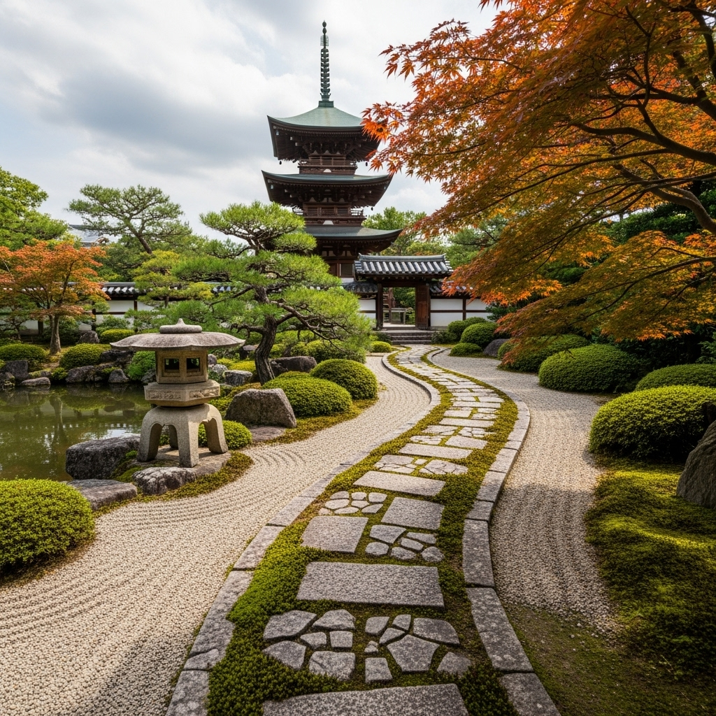 중용지도 A serene, balanced garden path with ancient Asian architecture in the background, symbolizing harmony and the middle way. The lighting is soft and natural.