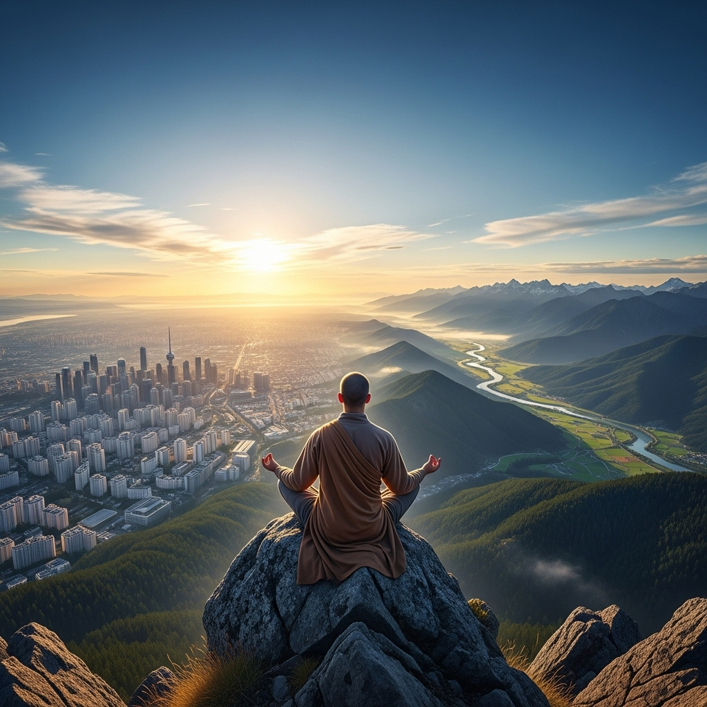 중용지도 A person meditating on a mountain peak, overlooking a city and nature, symbolizing balance and making wise choices in a complex world. The colors are calm and inviting.