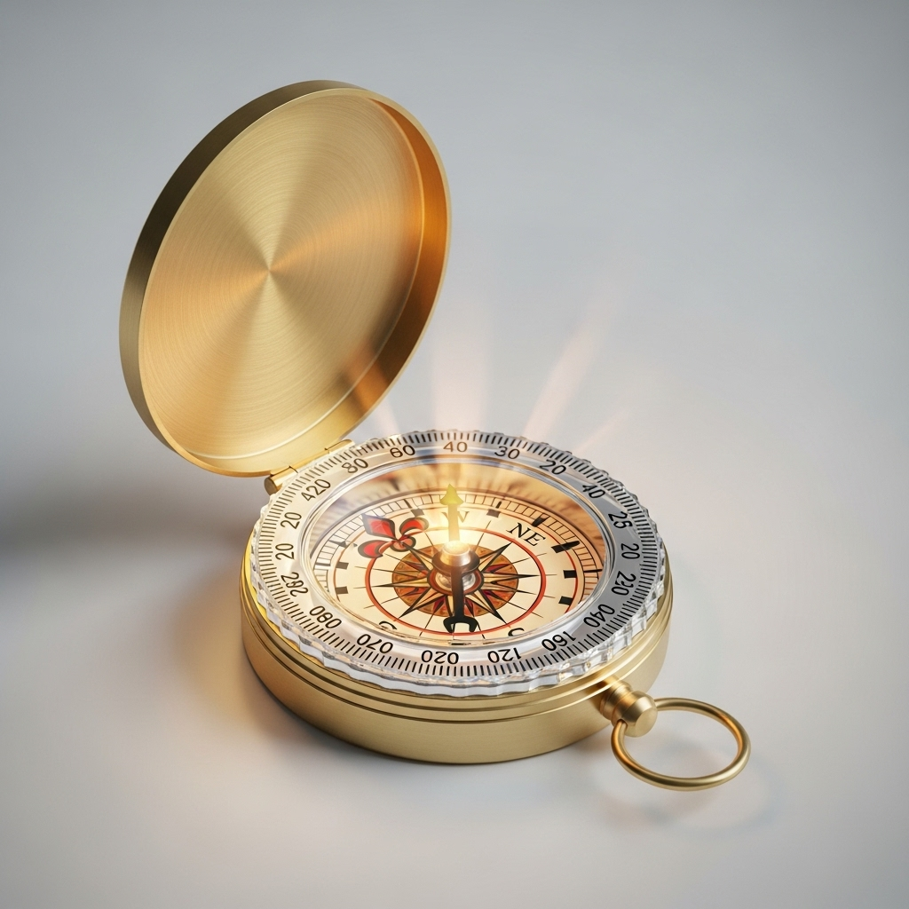 중용지도 An antique compass pointing directly north, surrounded by a gentle glow, symbolizing finding one's true path and wisdom. The background is slightly blurred.