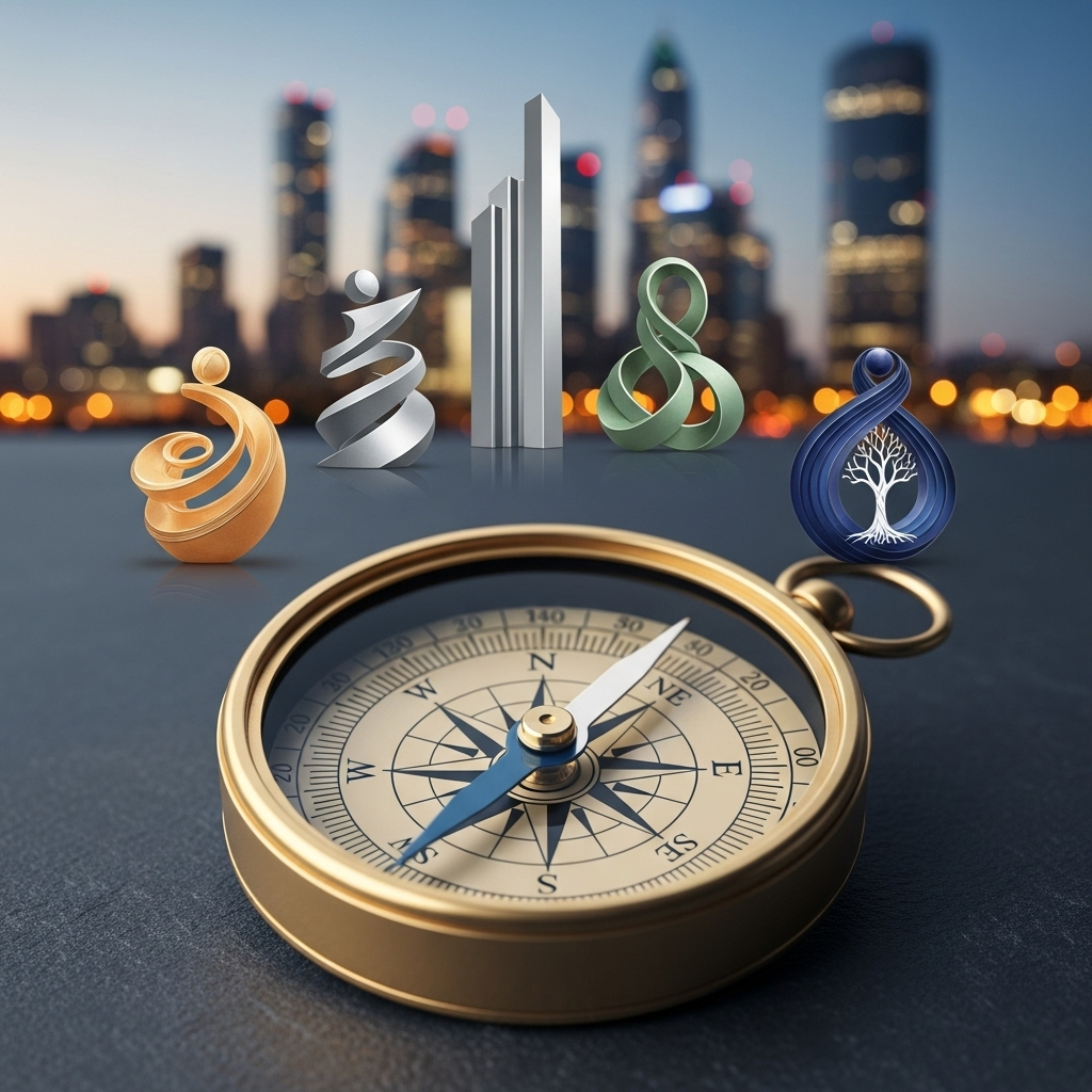 인의예지 A compass pointing towards a stylized representation of four virtues, each with a subtle, abstract symbol for benevolence, righteousness, propriety, and wisdom. The background is a calm, slightly blurred modern city skyline at dusk. No text on image.