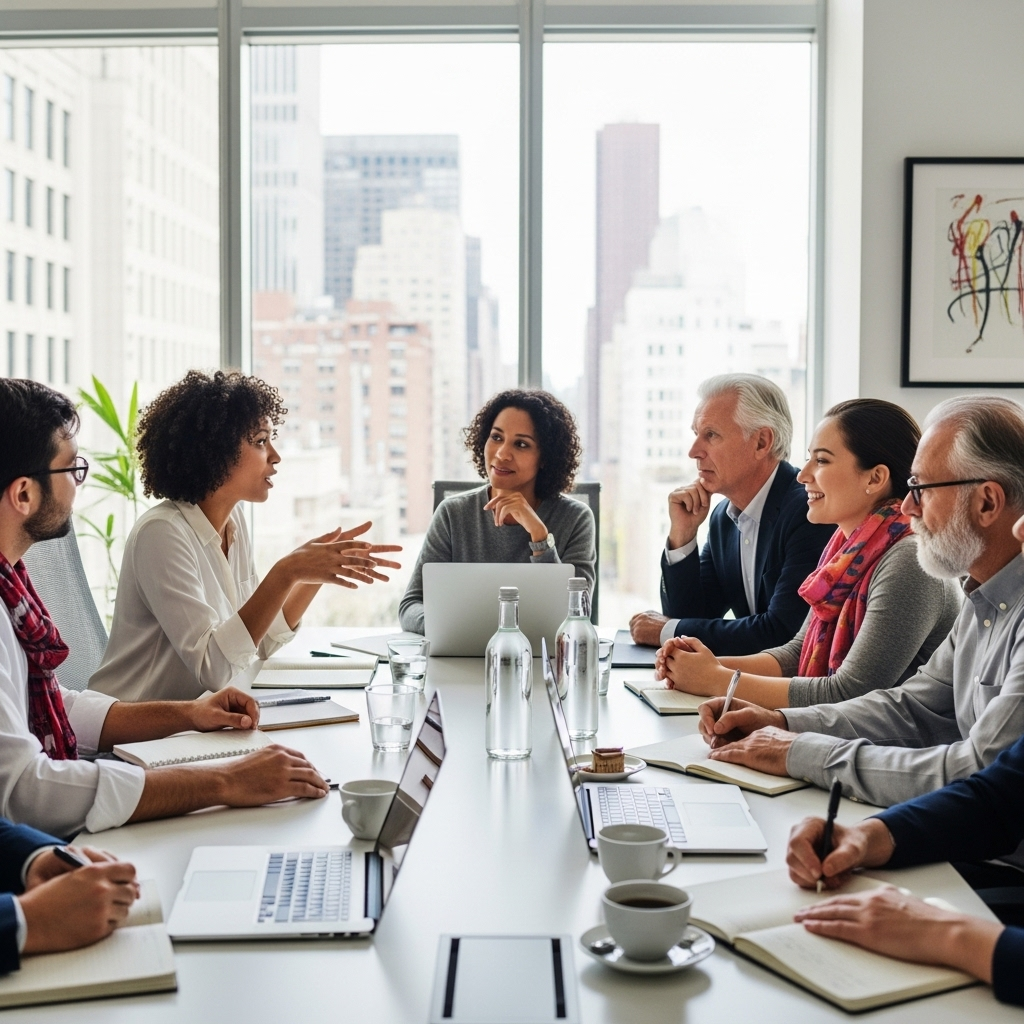 성인지감 A diverse group of people of various ages and genders are engaged in a lively and respectful discussion in a bright, modern meeting space, with thoughtful expressions. No text in the image.