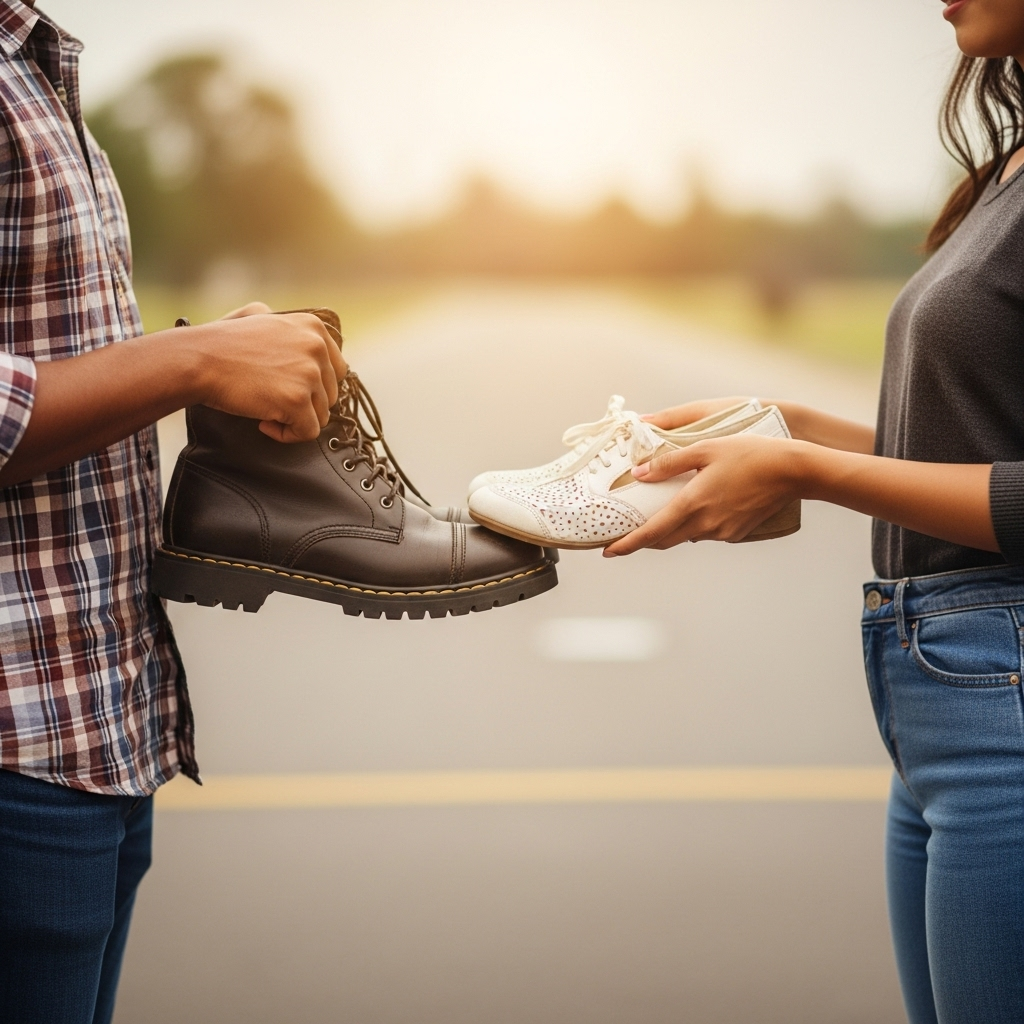 성인지감 Two diverse individuals, one male and one female, are gently exchanging their shoes and looking at each other with understanding and empathy, symbolizing 'walking in someone else's shoes'. The background is a soft, warm color palette.