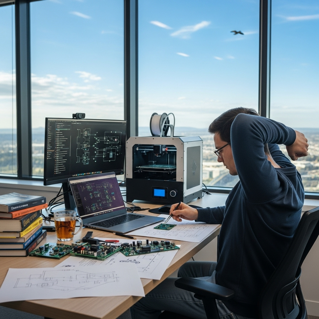 진인사대천명 A person diligently working at a desk with various tools and books, then looking up at a serene sky, symbolizing human effort and heavenly will. The setting is modern and calm.
