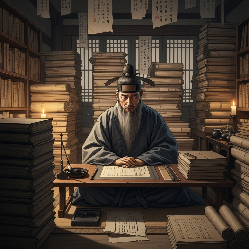 진인사대천명 An ancient scholar sitting in a traditional Korean study, surrounded by scrolls and books, deep in thought, representing the deep wisdom of historical texts.