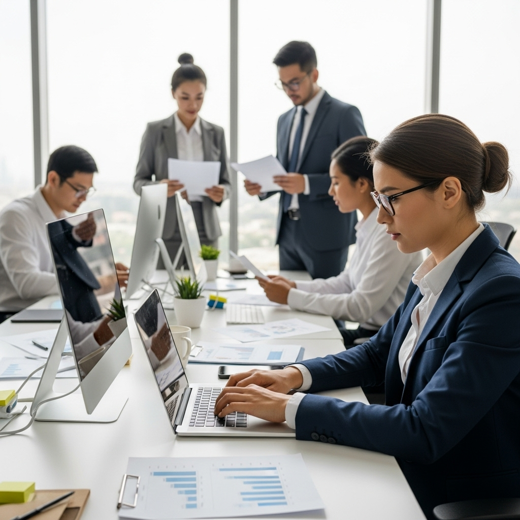 진인사대천명 A modern professional in a light-filled office, diligently typing on a laptop, surrounded by successful looking colleagues, symbolizing the concept of hard work and effort in contemporary settings.