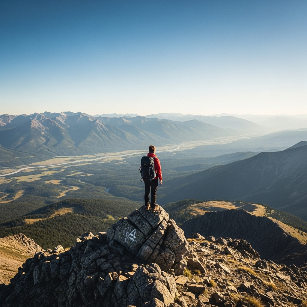 진인사대천명 A lone traveler standing on a mountain peak, looking at a vast, beautiful landscape, symbolizing the feeling of acceptance and peace after a long journey or effort.
