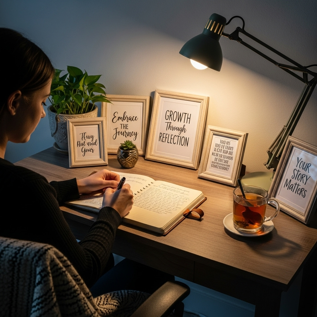 진인사대천명 A person writing in a journal with a pen, surrounded by motivational quotes and a warm, inviting atmosphere, symbolizing reflection and personal growth.