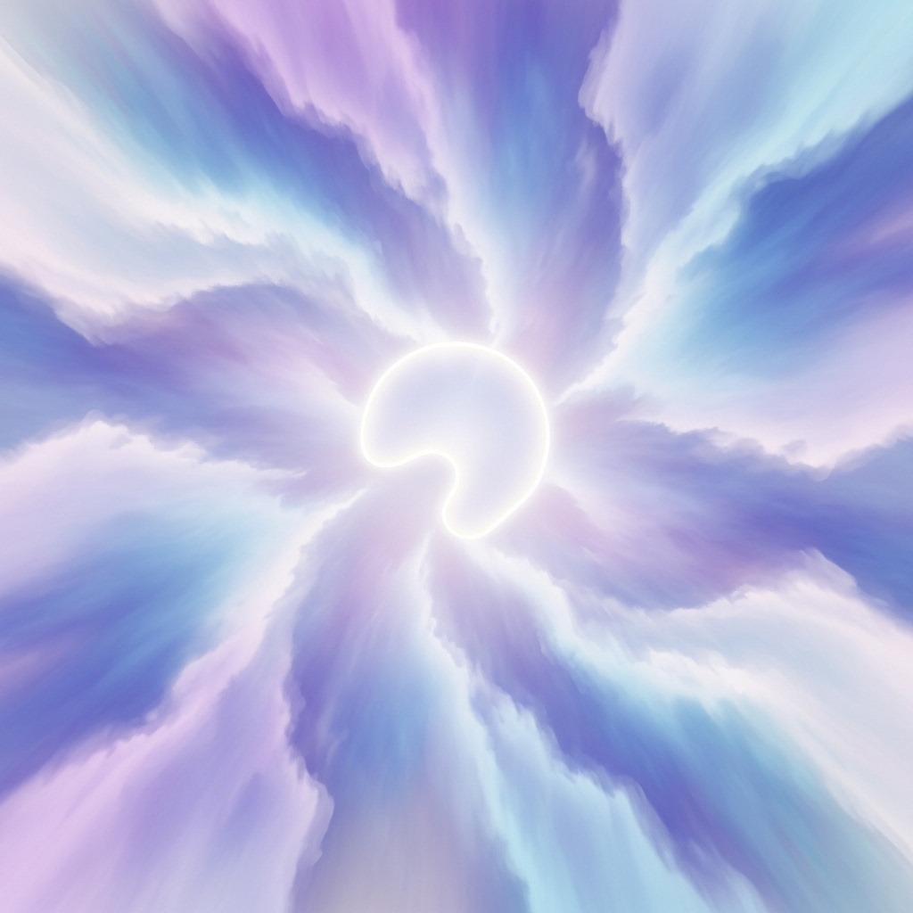 색즉시공 An abstract and serene illustration of a mind peacefully floating in a vast, empty space, with subtle colors forming and dissolving around it, representing the concept of form and emptiness. The style is minimalist and ethereal, with no text.