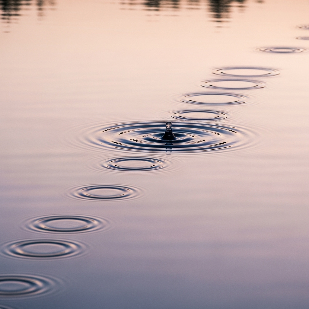 색즉시공 A visual representation of fleeting moments, like a water ripple dissolving, or a cloud formation changing shape, symbolizing impermanence and the lack of fixed substance in all phenomena. The image is calm and introspective.
