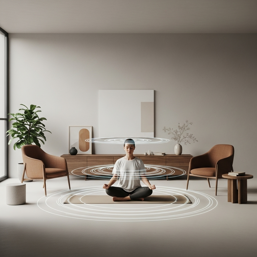 색즉시공 A person meditating in a minimalist, modern room, surrounded by a subtle, glowing aura that symbolizes inner peace and letting go. The overall mood is calm and harmonious, showing a balance between material and spiritual.