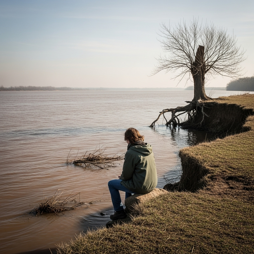 백년하청 A person standing on a riverbank, looking out at a vast, muddy river that stretches to the horizon, symbolizing a long and seemingly endless wait. The person's expression is contemplative and a bit weary. No text.