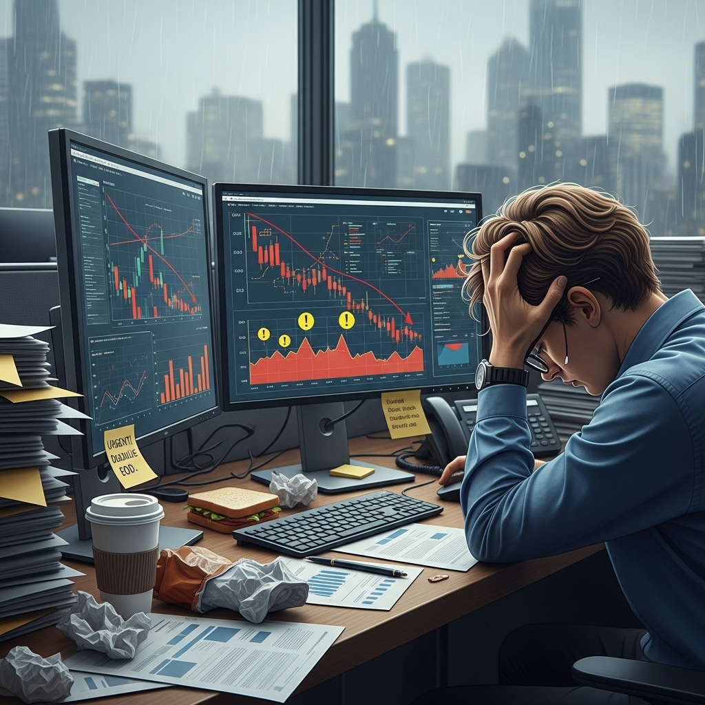 백년하청 A person sitting at a desk, looking overwhelmed by a mountain of paperwork and a computer screen showing complex charts, reflecting the feeling of an endless, unsolvable task in a modern office setting. No text.