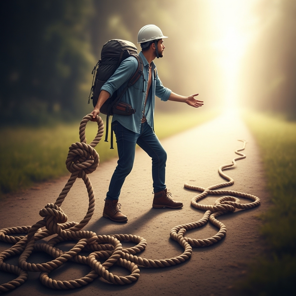 백년하청 A person letting go of a heavy, tangled rope, symbolizing the release of a burden or a futile effort. The person looks relieved and is turning towards a bright, open path ahead. No text.