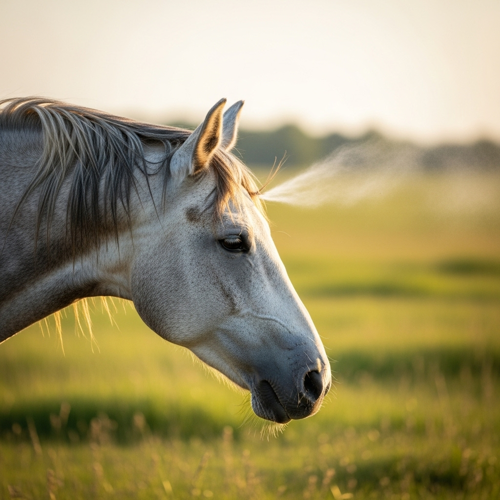 마이동풍 A beautifully illustrated, slightly whimsical scene of a gentle breeze passing by the ear of a serene horse standing in a grassy field. The horse's expression is calm and unconcerned, with no human figures. The colors are soft and natural, emphasizing the peaceful yet oblivious nature of the phrase. No text in the image.