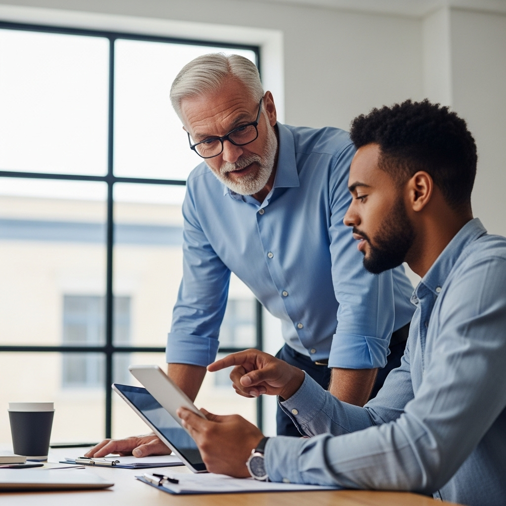마이동풍 Two individuals, one appearing to be a mentor and the other a younger professional, are engaged in a thoughtful conversation in a modern, brightly lit office setting. They are looking at each shared document on a tablet. Their body language suggests active listening and mutual respect, with open postures and engaged expressions. The background is slightly blurred to keep focus on the interaction. No text in the image.