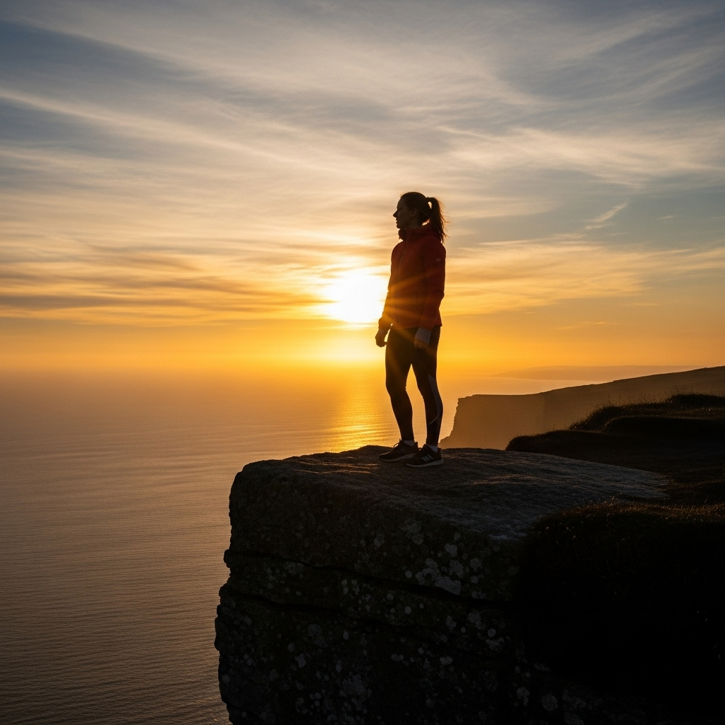 구사일생 A person stands on the edge of a dramatic, high cliff at sunrise, looking towards a vast, hopeful horizon. The sky is filled with warm, golden light, symbolizing new beginnings and overcoming challenges. The overall mood is one of resilience and hope.