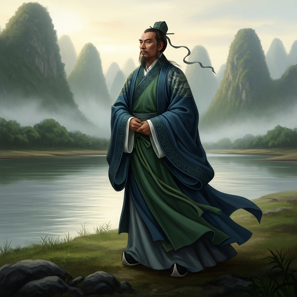 구사일생 An ancient Chinese poet, Qu Yuan, in traditional flowing robes, stands by a serene river with mountains in the background, looking thoughtful and slightly melancholic. The scene evokes a sense of historical depth and poetic contemplation.