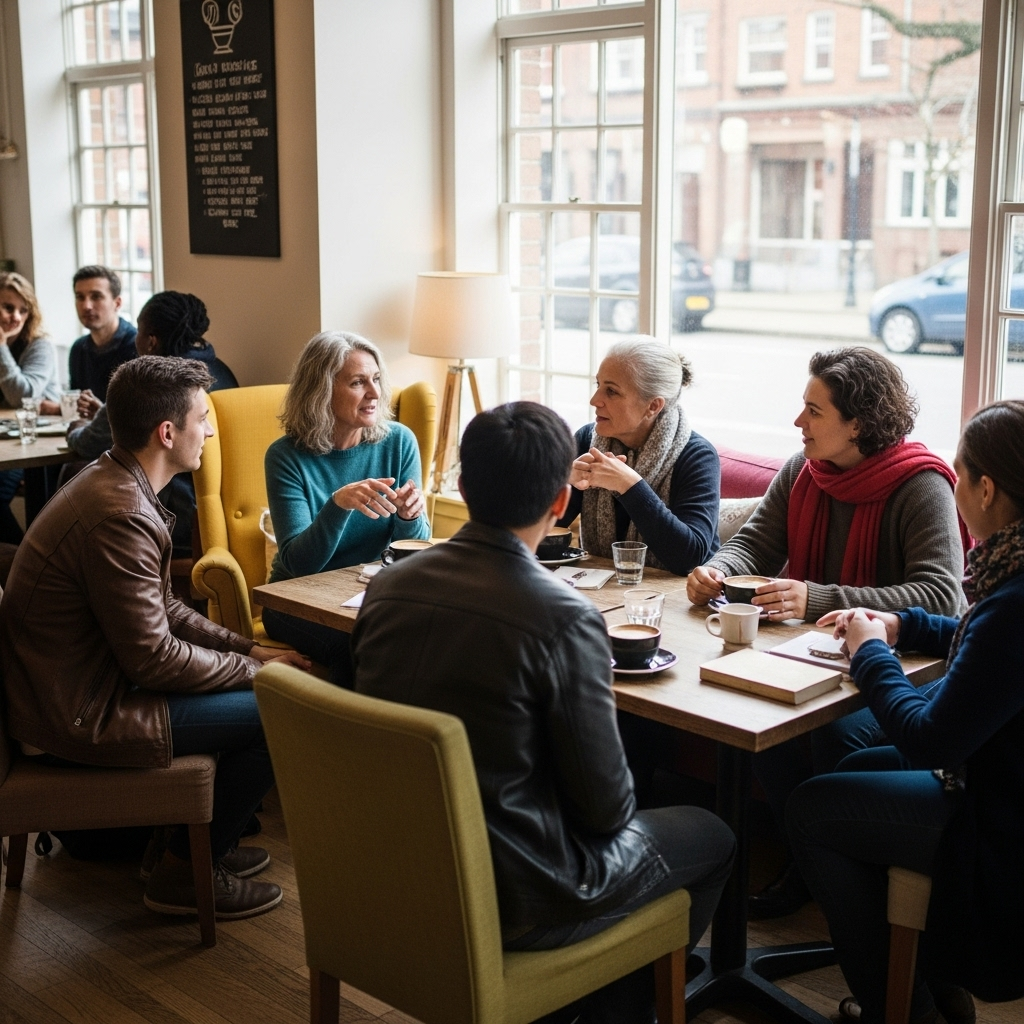 구사일생 A diverse group of people, each looking thoughtful and resilient, are sharing stories in a comfortable, bright cafe setting. They are diverse in age and background, symbolizing shared human experiences of overcoming challenges.
