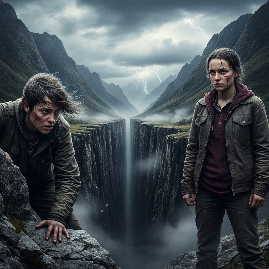 불구대천 A powerful and dramatic scene depicting two figures on opposite sides, separated by a vast chasm, with strong emotions of unresolved conflict on their faces. The background features a stormy sky and rugged, ancient landscapes. No text on image.