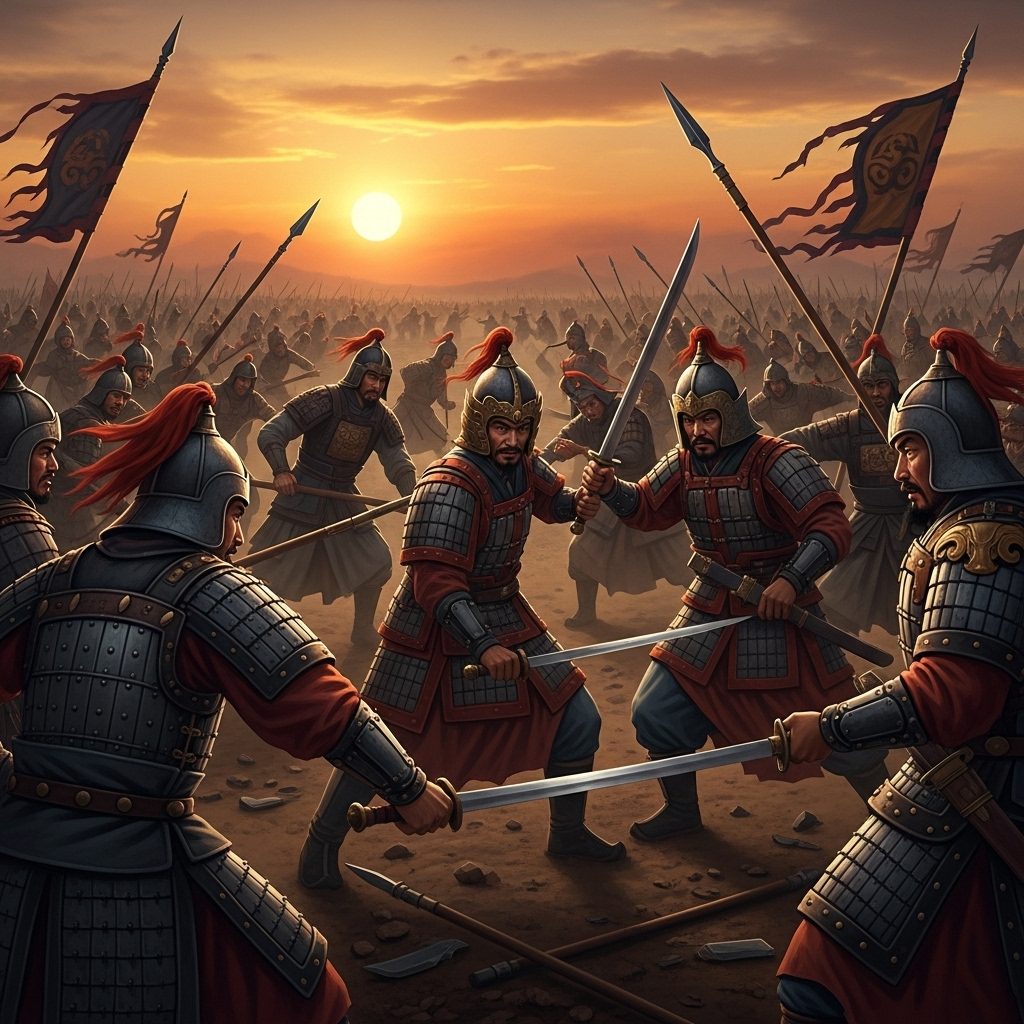 불구대천 An ancient Chinese battlefield scene with soldiers in traditional armor, swords drawn, reflecting a sense of conflict and historical struggle. The setting sun casts long shadows. No text on image.