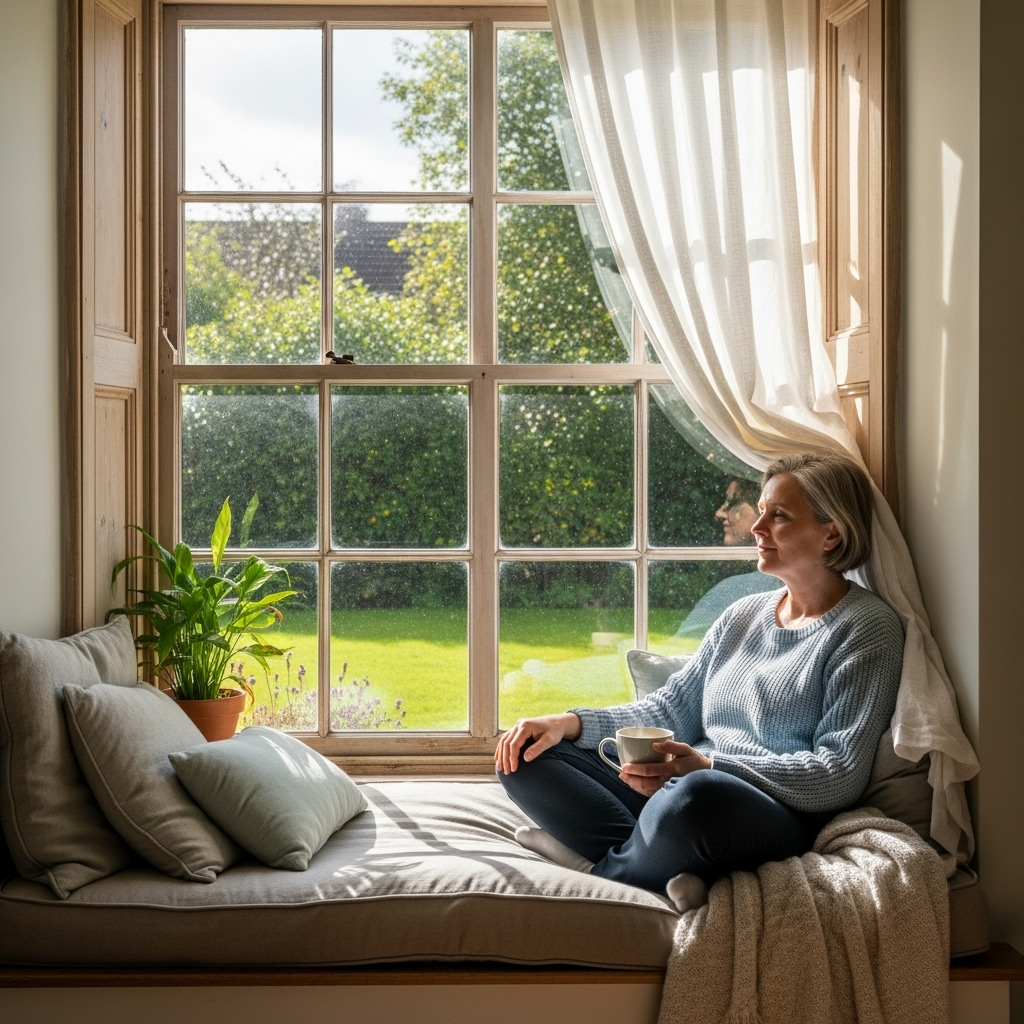 불구대천 A person sitting calmly by a window, looking out at a peaceful garden, engaged in a meditative or reflective pose, symbolizing inner peace and healing. The scene is bright and serene. No text on image.