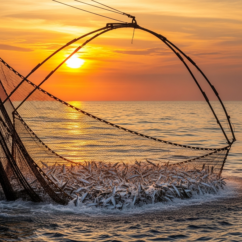 일망타진 A powerful and dramatic scene of a large fishing net being pulled out of the water, full of fish. The sun is setting, casting a golden glow. The net is taut, showing a clear, single sweep. No text in the image.