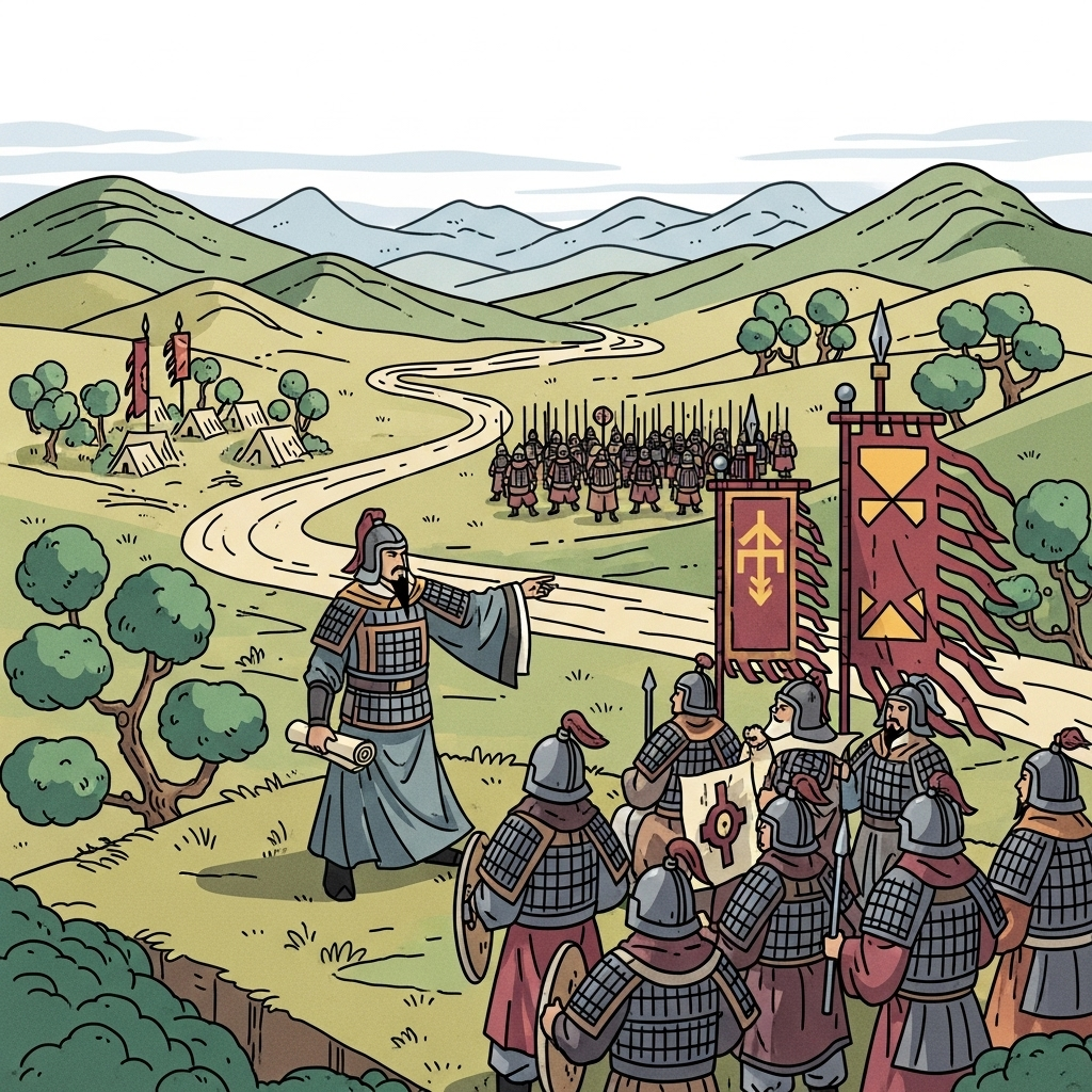 일망타진 A stylized illustration of a historical Chinese battlefield, with a general overseeing soldiers strategically encircling an enemy camp. The scene is dynamic but not violent, focusing on strategy. No text in the image.