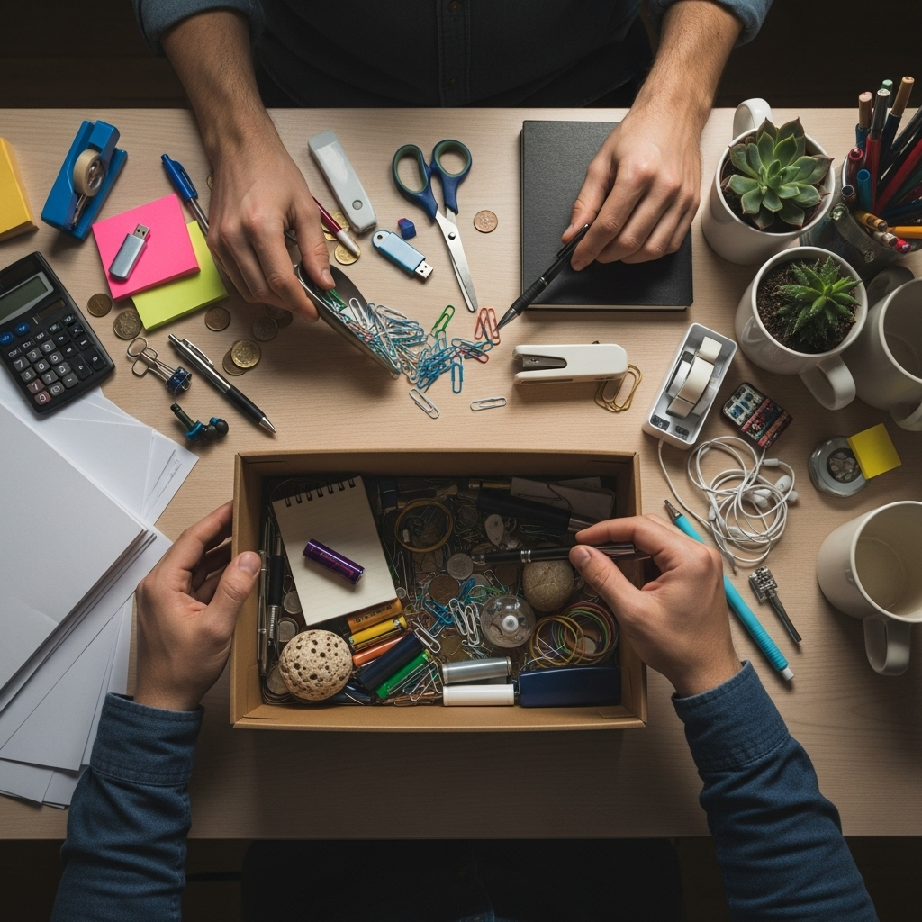 일망타진 A person tidying up a very cluttered desk, gathering all small items into a single box to sort them out. The scene is organized and focused on the act of comprehensive cleaning. No text in the image.