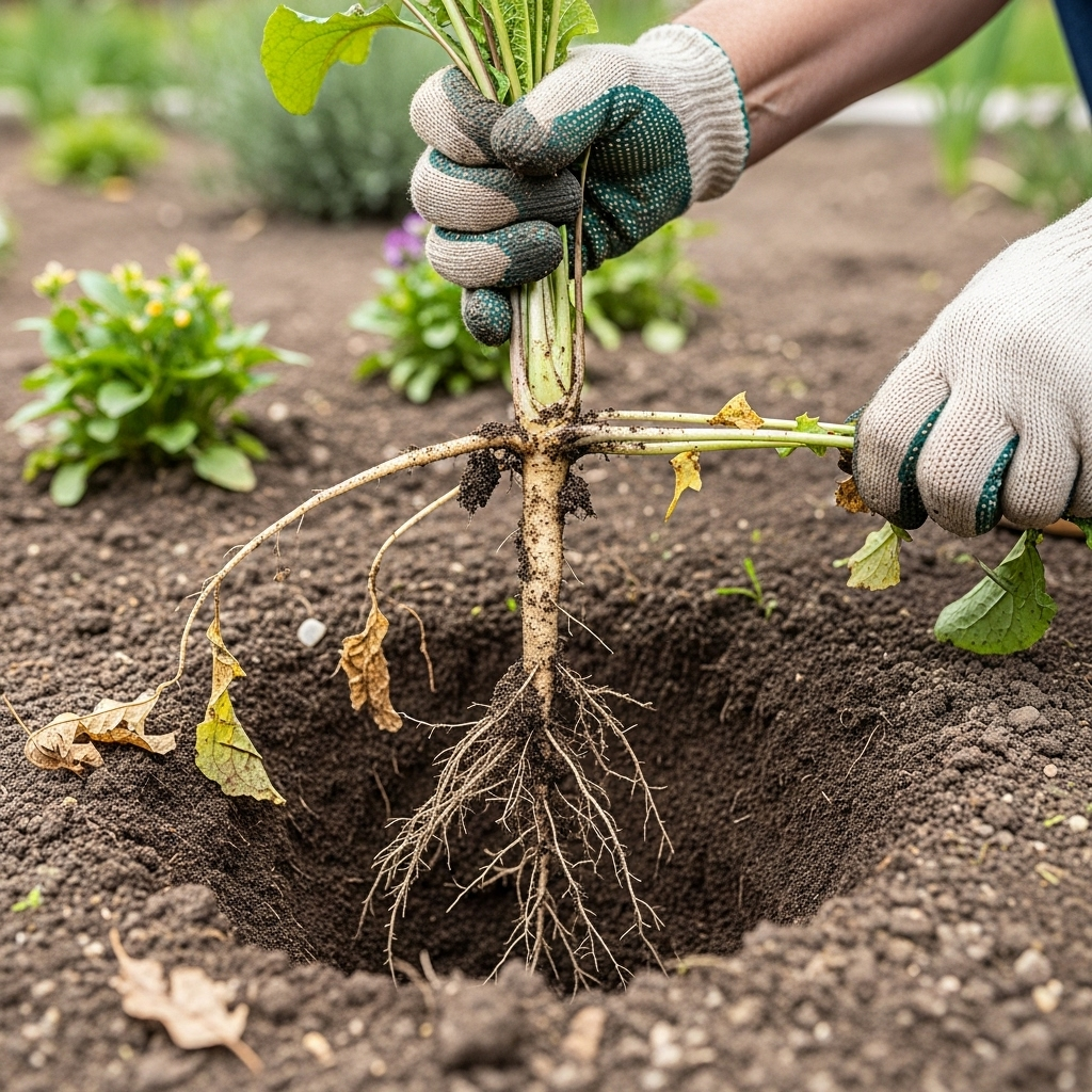 일망타진 A gardener carefully pulling out a persistent weed by its roots, showing the entire root system. The image conveys thoroughness and determination. No text in the image.