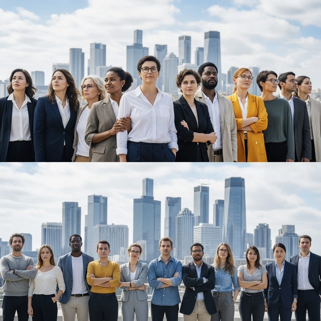 일망타진 A diverse group of people standing together in front of a modern, clean city skyline, looking hopeful and determined. The image symbolizes community and collective effort towards a better society. No text in the image.