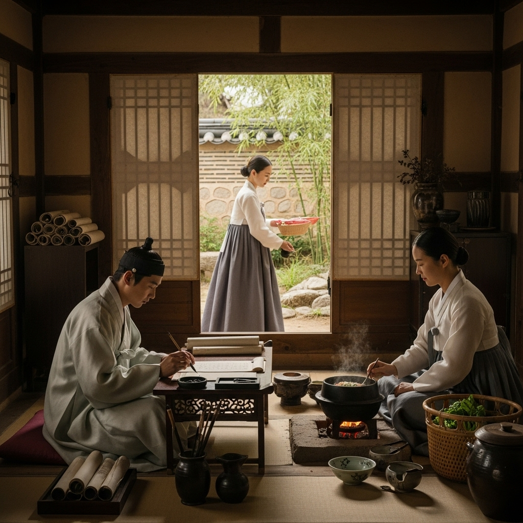 조강지처 An antique Korean ink wash painting depicting a humble scholar's study with a woman (wife) carefully preparing a simple meal, showing a sense of shared hardship and quiet devotion. The background includes traditional Korean architecture and natural elements like bamboo.