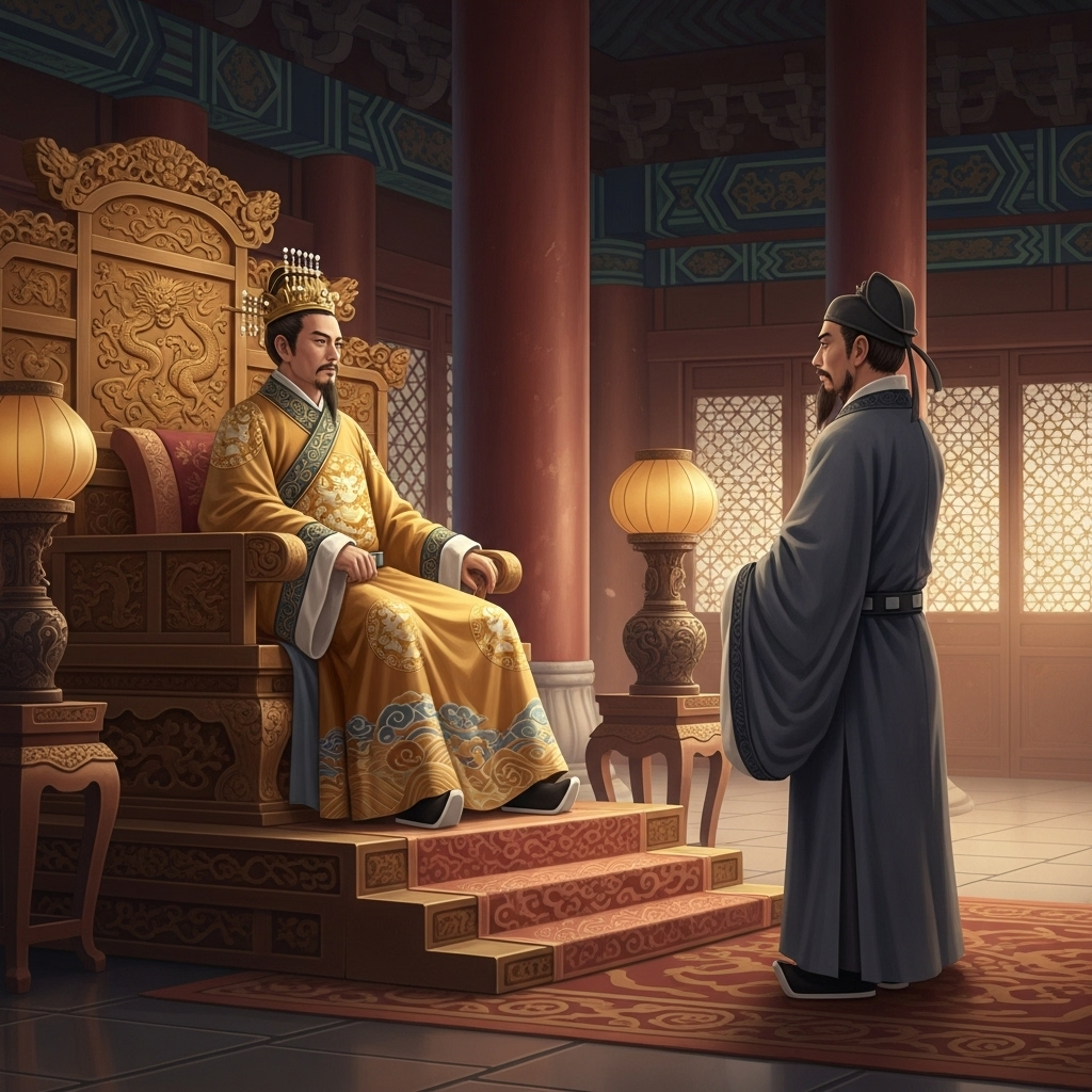 조강지처 A digital painting in a classical Chinese style, showing Emperor Guangwu on a throne, looking towards a dignified scholar (Song Hong) who stands humbly but resolute, in a grand palace setting. No text in the image.