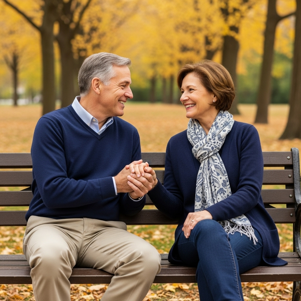 조강지처 A modern couple, appearing to be in their 50s or 60s, sitting on a park bench, holding hands and smiling warmly at each other, suggesting a long-lasting, loving relationship. The background is a serene park with autumn leaves.