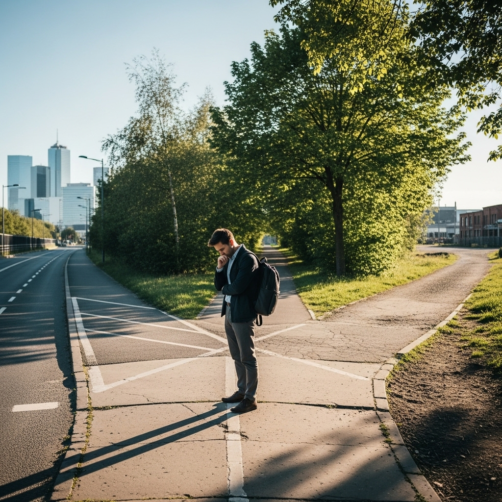 불문곡직 A person standing at a crossroads, looking thoughtful, with various paths ahead. The background is slightly blurred to emphasize the person. The style is modern and clear.
