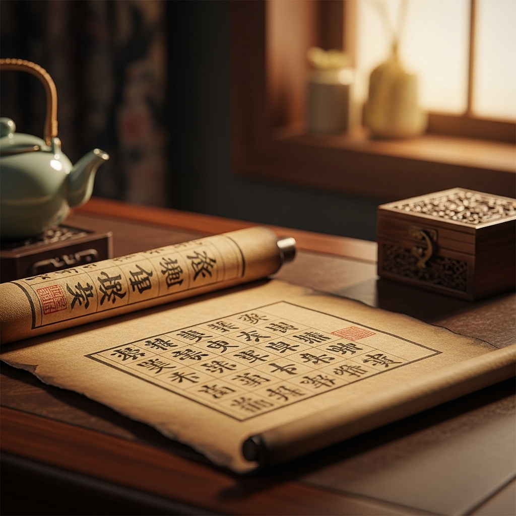 An ancient scroll with faded ink, partially unrolled, showing old Chinese characters. The background is a warm, historical setting.