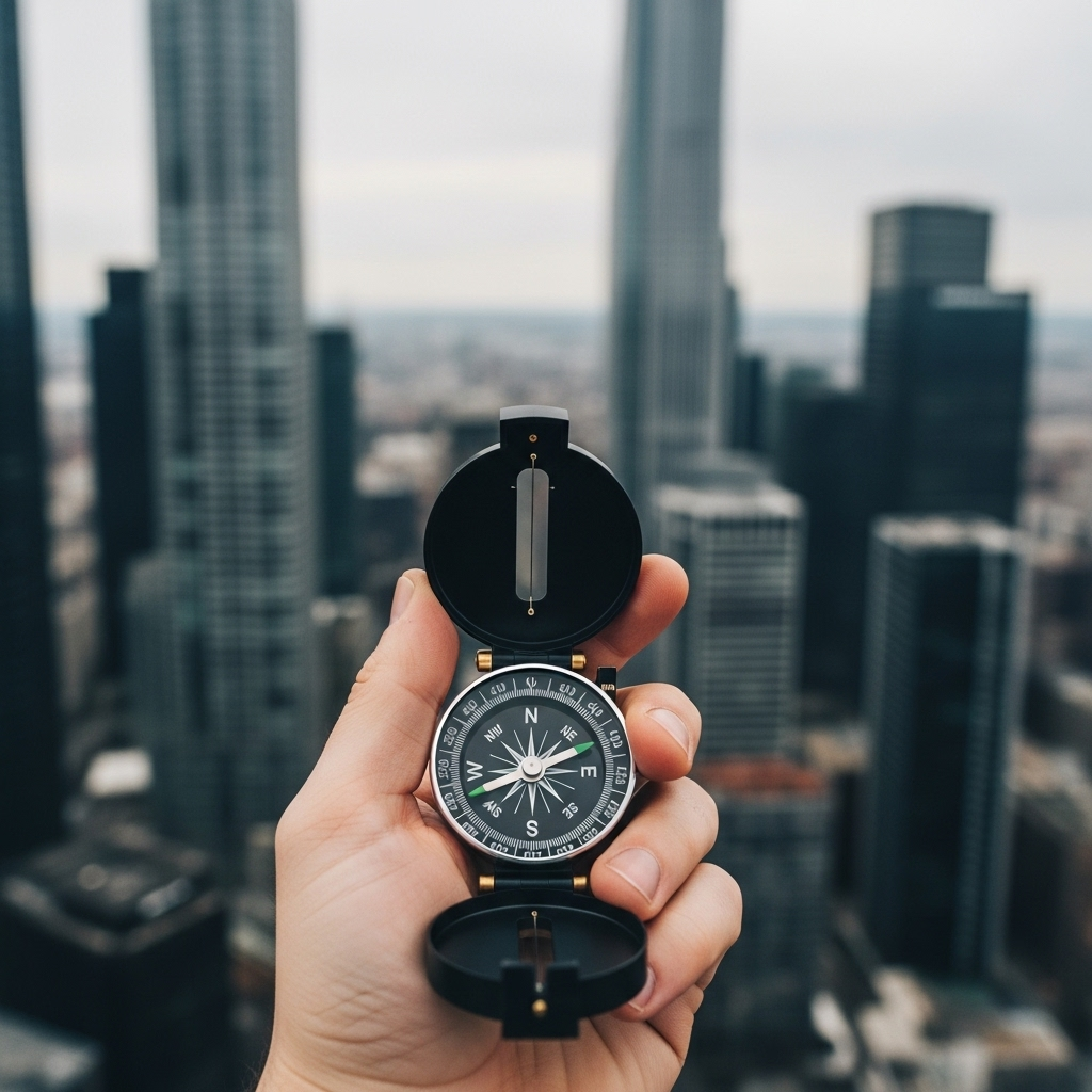 A person's hand holding a compass, pointing towards a clear direction. The background is a modern cityscape, slightly out of focus.