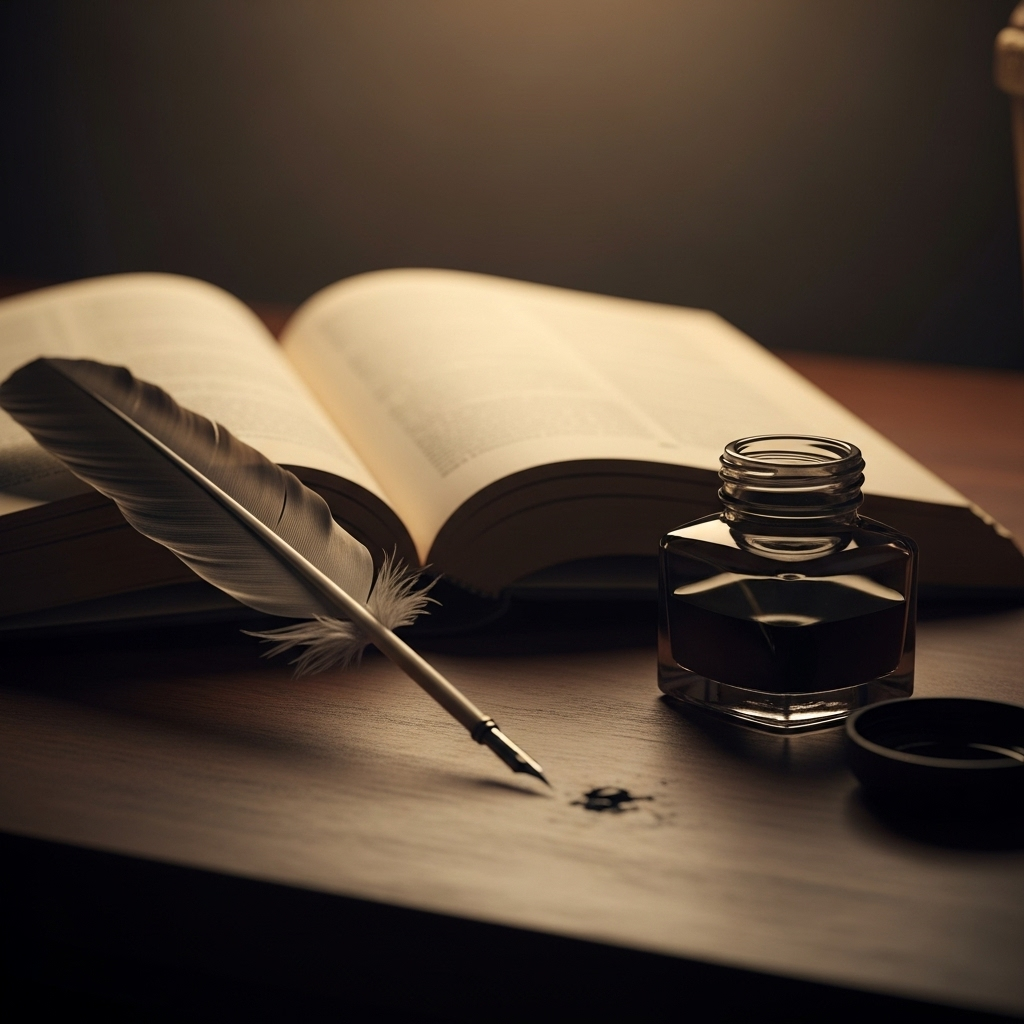 An open book on a wooden desk, with a quill pen and an inkwell. The lighting is soft and warm, suggesting contemplation and learning.