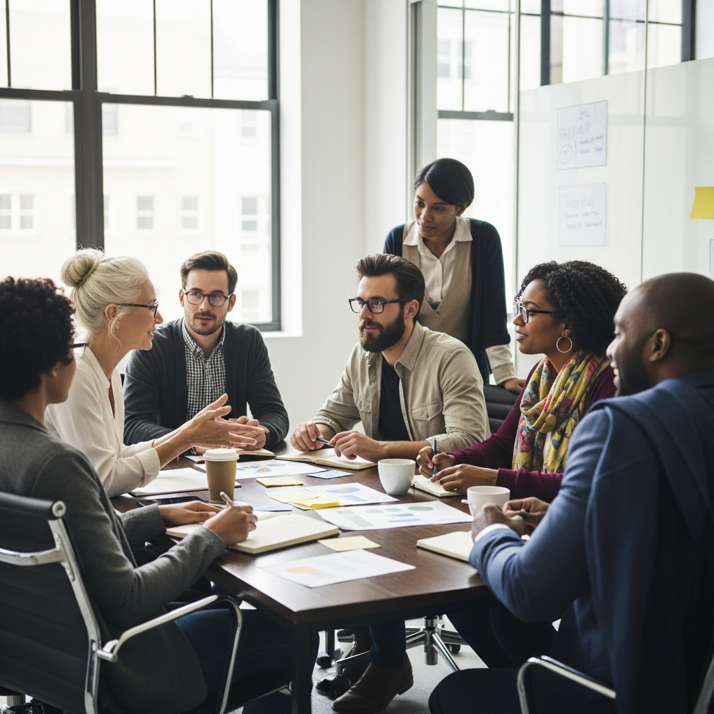 A diverse group of people engaged in a lively discussion around a table in a modern office. Some are gesturing, and their expressions show active listening and debate.