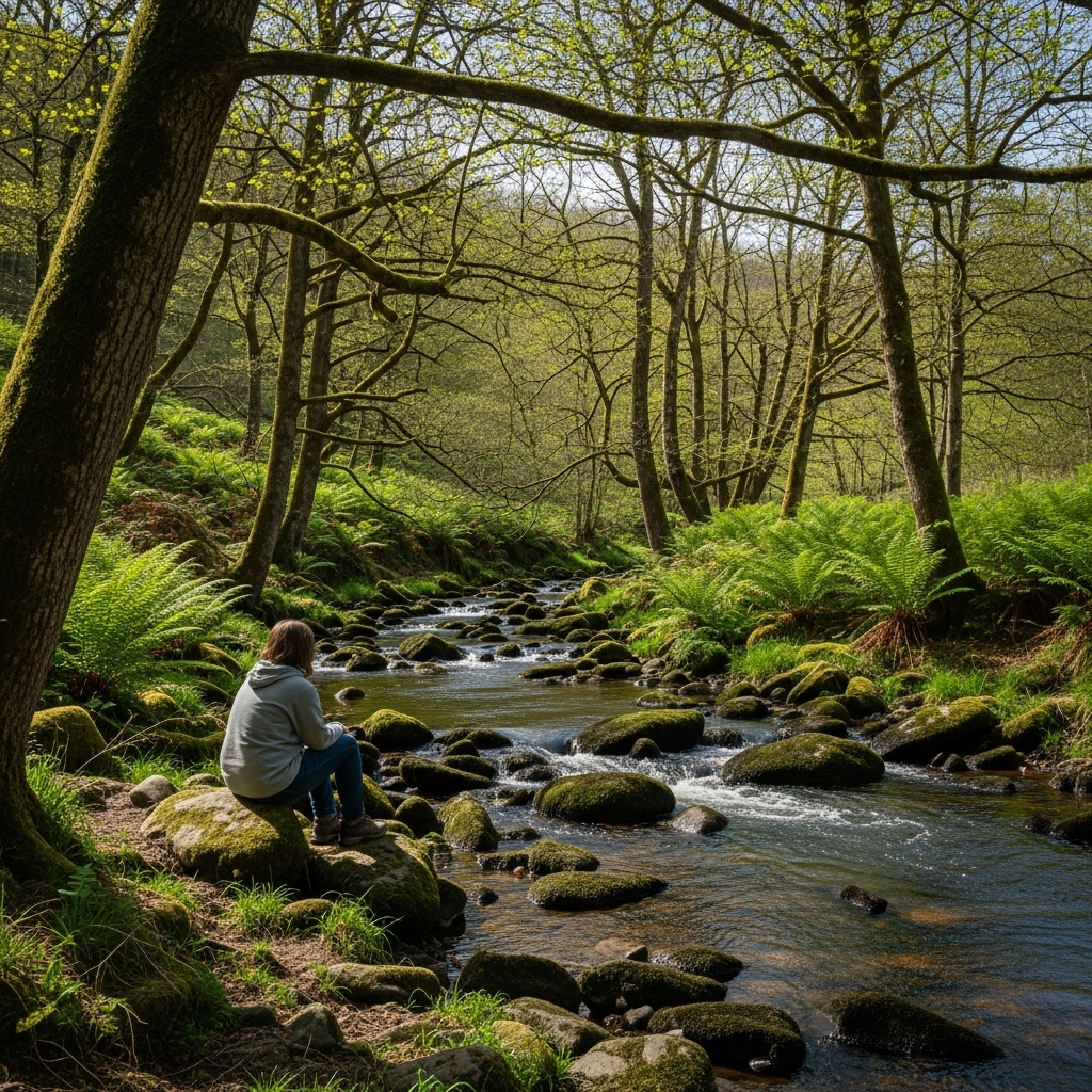 천석고황 A serene landscape with a flowing stream, large rocks, and lush greenery, bathed in soft, warm sunlight. A person is sitting calmly by the stream, seemingly lost in thought or appreciation of nature. The style is detailed and artistic, conveying a sense of deep peace and connection to nature, with no text.