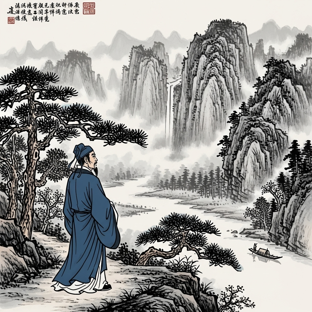 천석고황 An ancient Chinese scholar in traditional robes, standing on a mountain path surrounded by misty, beautiful natural scenery. He has a contemplative expression, gazing at the distant mountains and rivers. The art style is traditional Chinese painting, evoking a sense of calm and deep appreciation for nature, with no text.