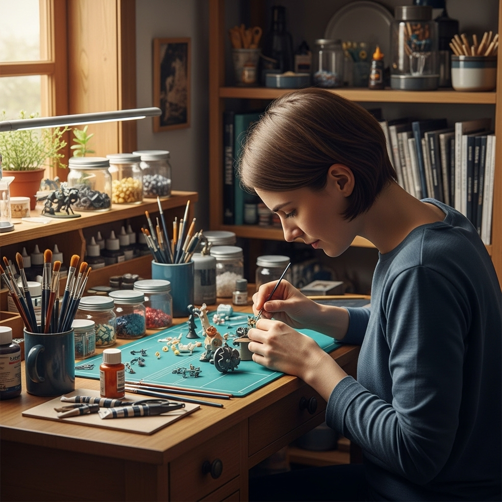 천석고황 A person engrossed in a hobby, perhaps painting a canvas or meticulously arranging a small model, surrounded by various tools and materials. The room is cozy and slightly cluttered, indicating a passionate pursuit. The person's face shows deep concentration and joy, with no text.