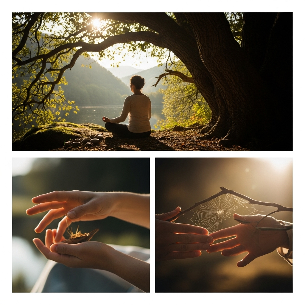 천석고황 Three distinct scenes in a single, well-composed image. One scene shows a person meditating in a peaceful natural setting, another shows hands working on a complex puzzle, and the third shows an old book being opened carefully. Each scene subtly suggests different aspects of wisdom and passion, with no text.