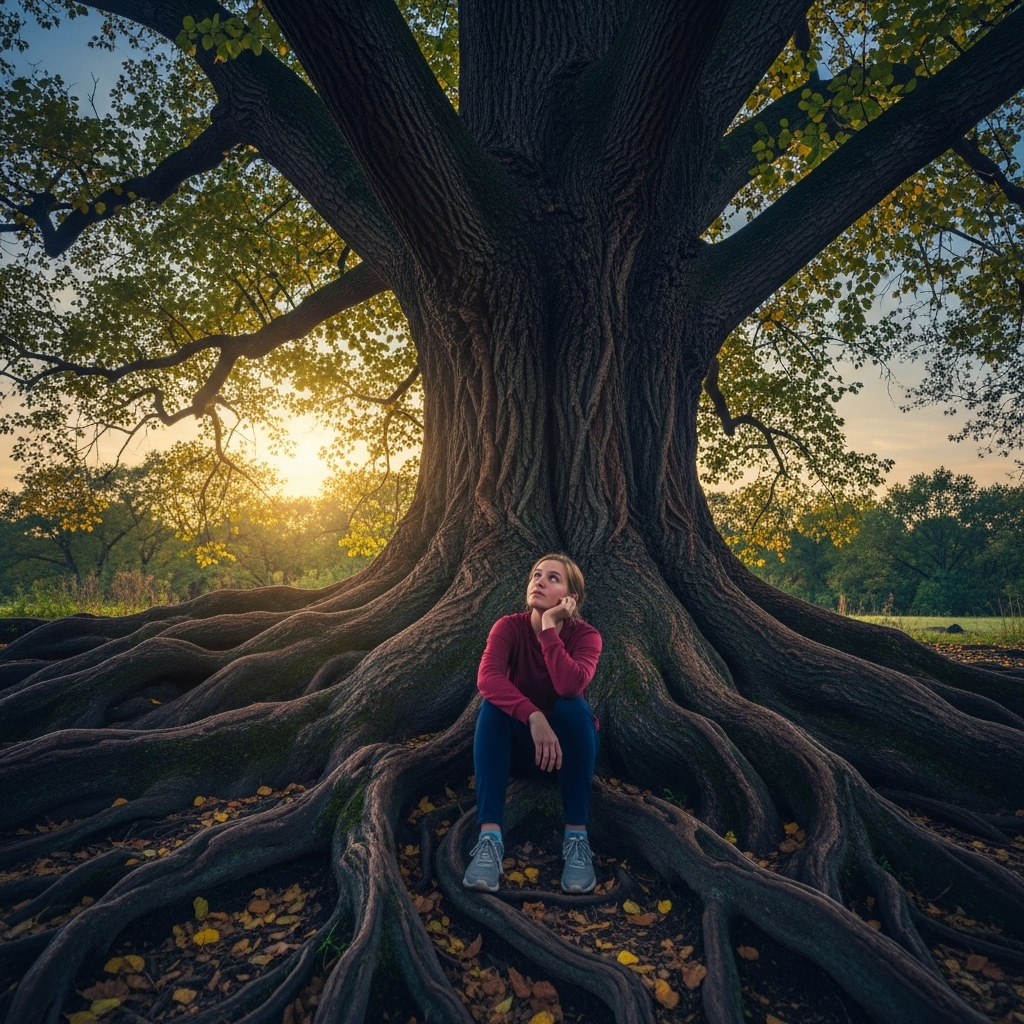 풍수지탄 A serene, ancient tree with strong roots, its leaves gently swaying in a soft breeze. In the foreground, a young adult person gazes at the tree with a thoughtful, slightly melancholic expression. The sky is a soft, twilight blue, conveying a sense of timelessness and reflection. No text.