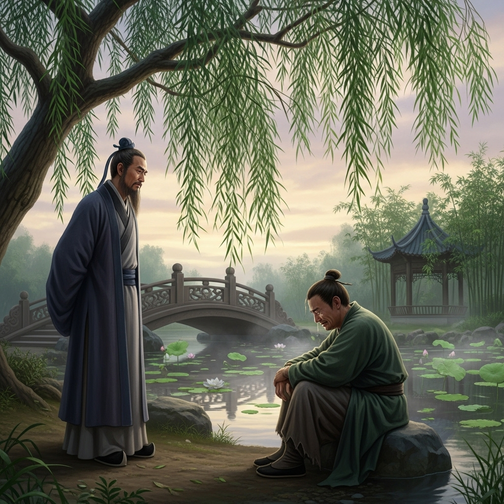 풍수지탄 An ancient Chinese scholar, presumably Confucius, is listening intently to a weeping man, possibly Gao Yu, under a traditional Chinese tree. The scene is set in ancient China, with soft, muted colors, emphasizing the emotional weight of the conversation. No text.