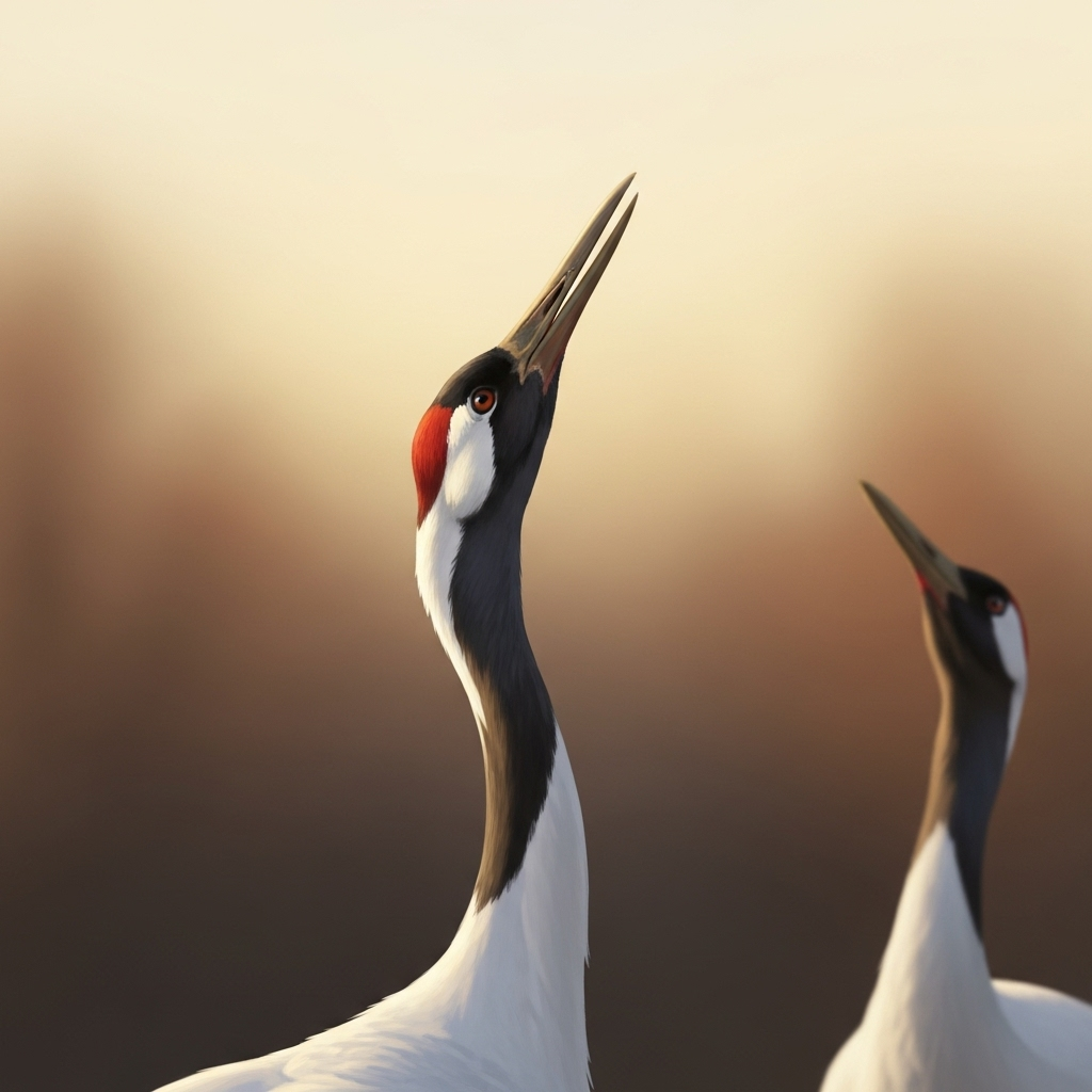 학수고대 A beautifully illustrated scene of a graceful white crane with its long neck outstretched, looking upwards and patiently waiting. The background is a serene natural landscape with soft, warm light, conveying a sense of anticipation and hope. No text on image.