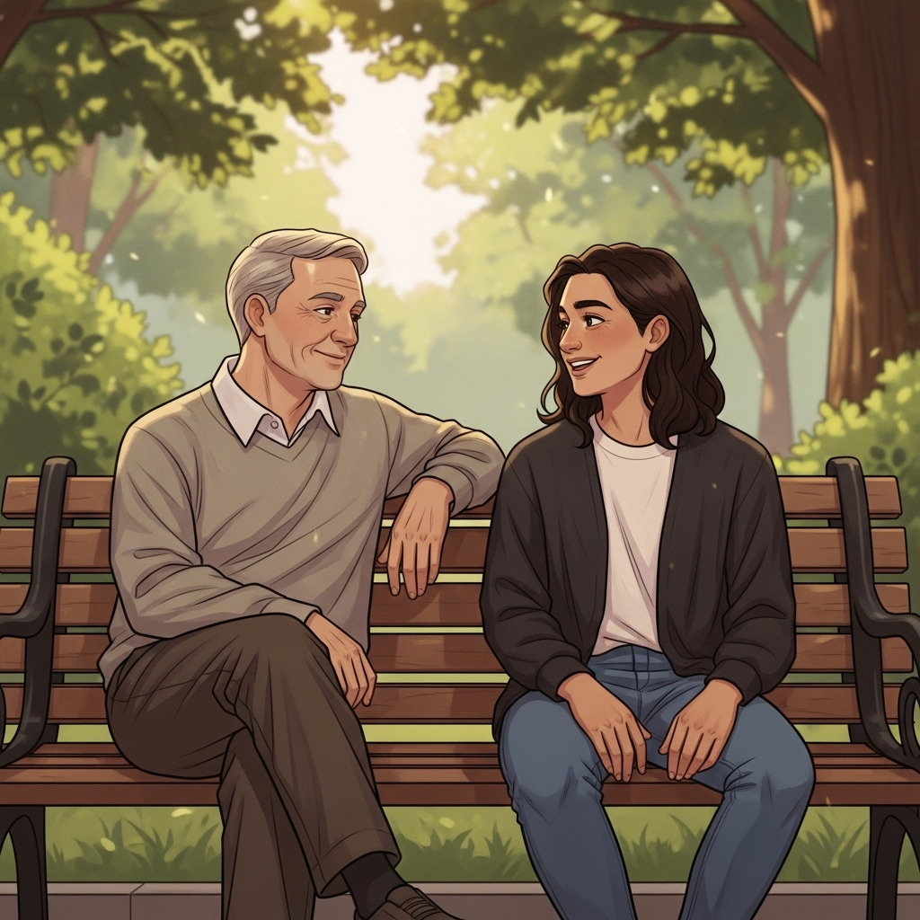 허심탄회 A digital illustration of two diverse people, one slightly older, one younger, sitting comfortably on a bench in a park. They are looking at each other, smiling warmly, and engaging in an open and honest conversation. Their body language is relaxed and welcoming, suggesting deep trust and understanding. The background shows soft, blurred greenery and sunlight filtering through trees. The style is warm and inviting, without any text in the image.
