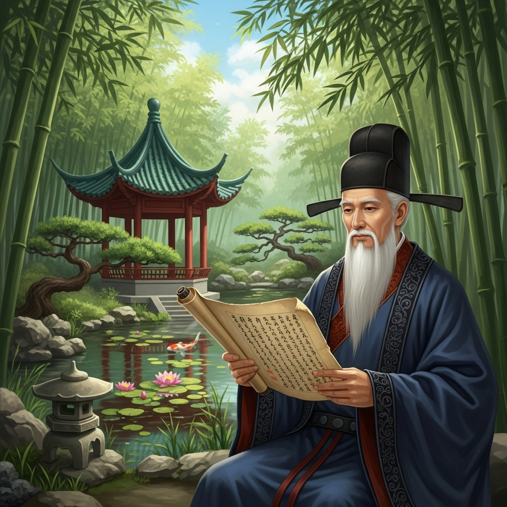 허심탄회 An ancient Chinese scholar in flowing robes, sitting in a serene garden. He is looking thoughtfully at a scroll, with an open, calm expression. The garden features traditional architecture, bamboo, and a tranquil pond. The art style is traditional Chinese painting, evoking wisdom and peaceful contemplation, without any text in the image.