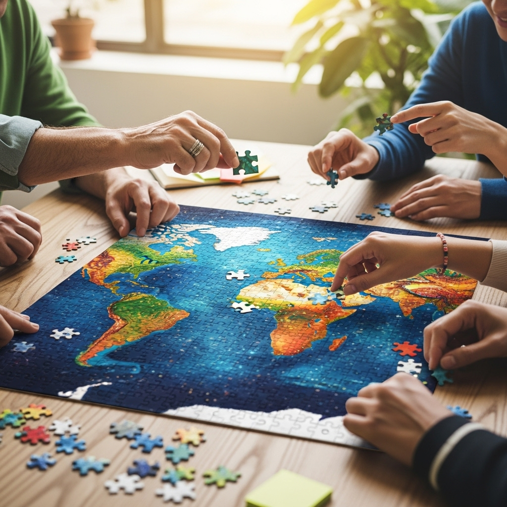 허심탄회 A vibrant, colorful jigsaw puzzle coming together perfectly on a table, with hands of various people (diverse ages and ethnicities) working collaboratively on it. The pieces fit seamlessly, representing harmonious relationships and problem-solving through honest communication. The background is bright and optimistic, without any text in the image.
