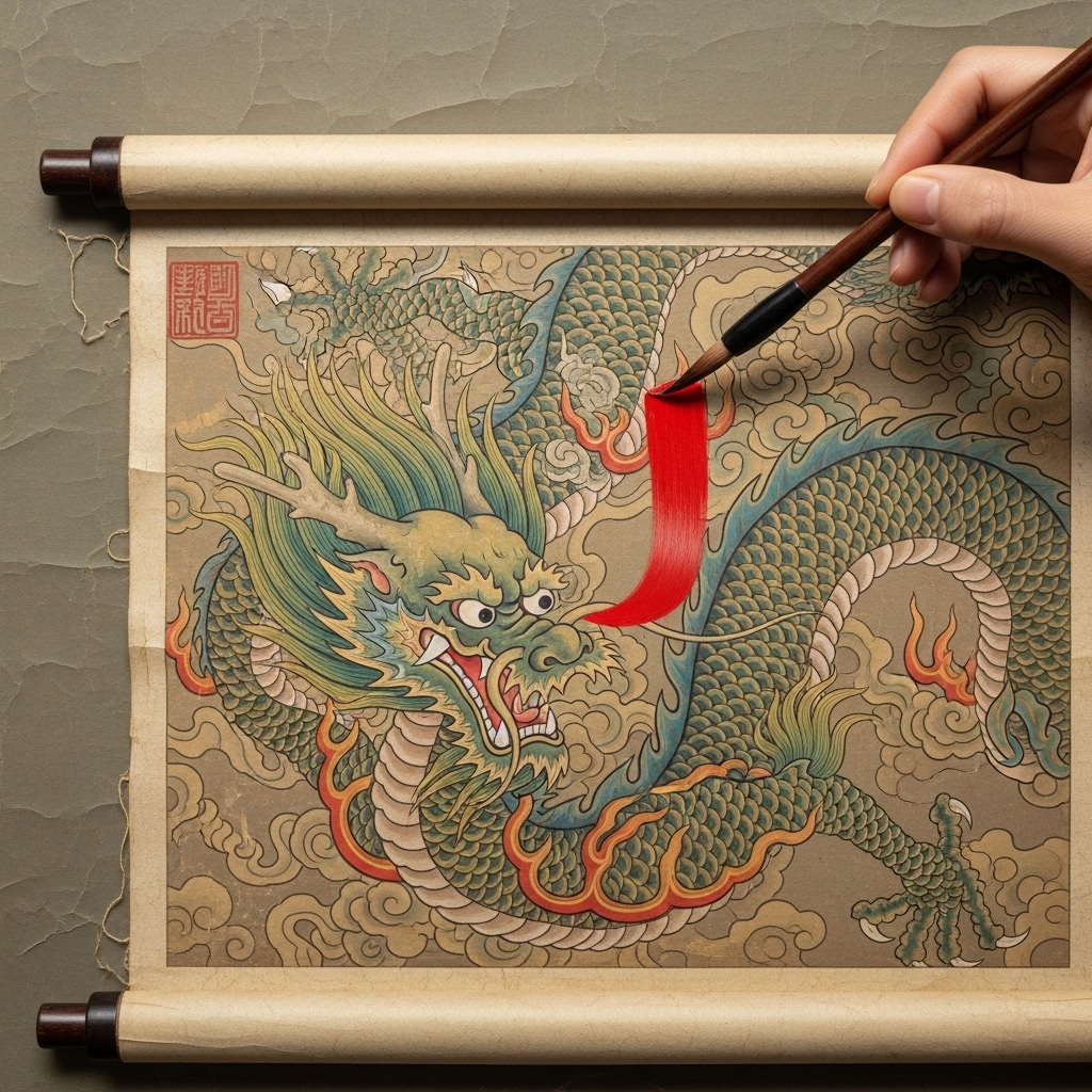 화룡점정 A highly detailed, realistic painting of a single, vibrant red brushstroke being applied to a magnificent, nearly complete traditional Chinese dragon painting on an old scroll. The surrounding canvas is muted, drawing attention to the final touch. The atmosphere is ancient and artistic, with soft, natural light. No text on the image.