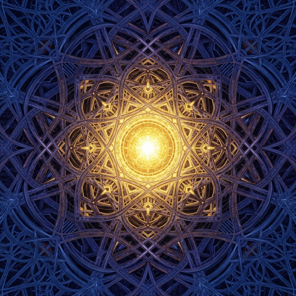화룡점정 An abstract digital art piece showing a single, glowing orb or point of light at the center of a complex, interwoven structure. The light illuminates and gives purpose to the surrounding intricate patterns, symbolizing a crucial, completing element. Colors are deep blues, purples, and radiant gold. No text on the image.